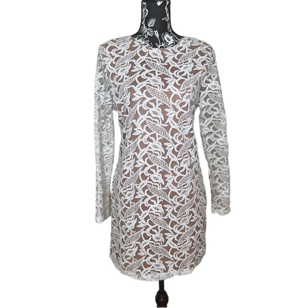 Glamorous Crew Neckline Dress Long Sleeve Short Zipper Back Size L Color White